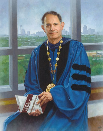 oil portrait of professor in blue gown