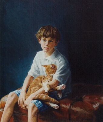 oil portrait of boy with cat