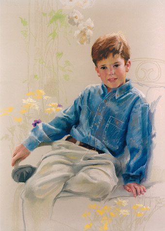 pastel portrait of boy in denim