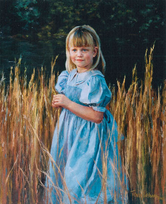 oil portrait of girl in blue dress