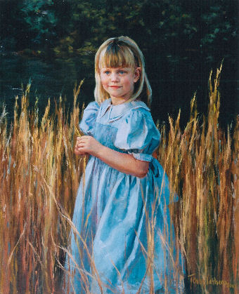 oil portrait of girl in blue dress