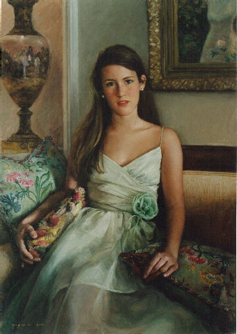 oil portrait of girl on sofa