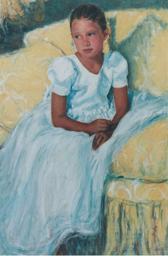 oil portrait of girl on yellow sofa