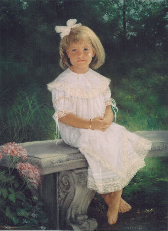 oil portrait of girl on bench