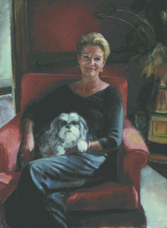 oil portrait of a woman holding dog