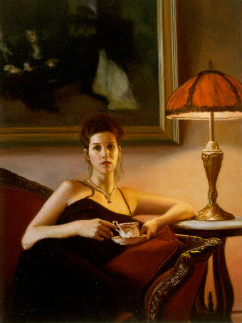 oil portrait of a woman by lamp